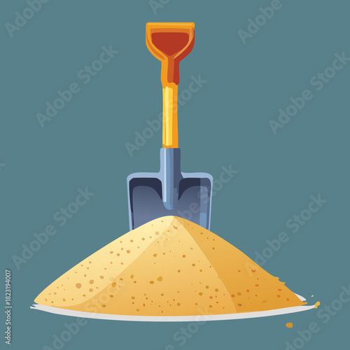 Steel shovel tool standing in yellow sand pile for garden maintenance and professional construction or building projects