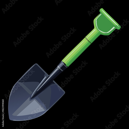 Gardening shovel with a green handle and dark metal blade for professional landscaping and backyard garden maintenance work