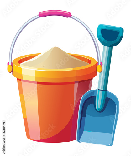 Kids beach toy set featuring a yellow and red bucket filled with sand and a blue plastic shovel