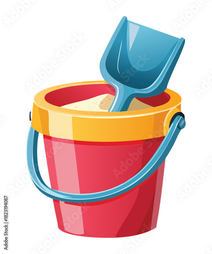 Plastic red toy bucket with a blue shovel inside for children playing at the beach or in sandboxes