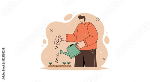 An illustration depicts a person planting seeds and watering plants in a garden, symbolizing growth and nurturing in nature.