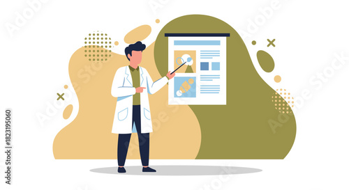 An illustration depicts a scientist in a lab coat presenting information on a whiteboard, using a pointer, with abstract shapes in the background.