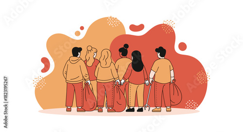 A diverse group of volunteers, united in purpose, gathers to clean up a community space, promoting environmental responsibility and teamwork.