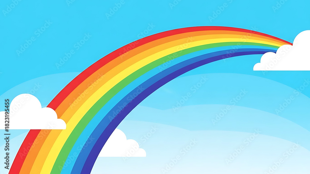 Naklejka premium A vibrant cartoon rainbow arches across a bright blue sky with fluffy white clouds at its ends.