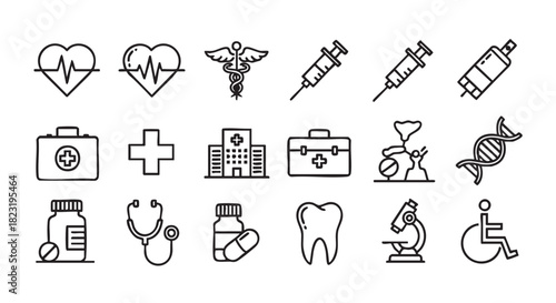 Medical healthcare outline icon set with cardiology and pharmaceuticals symbols