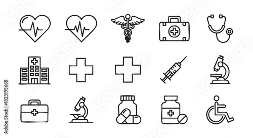 Medical Icons Set Collection Heartbeat Hospital Cross First Aid Microscope