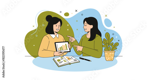 Two women collaborate on project, examining digital tablet displaying financial data, discussing progress, and brainstorming ideas in a modern office setting.