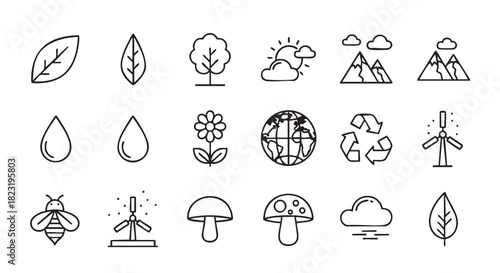 Nature themed line art illustration showcasing various elements of the environment