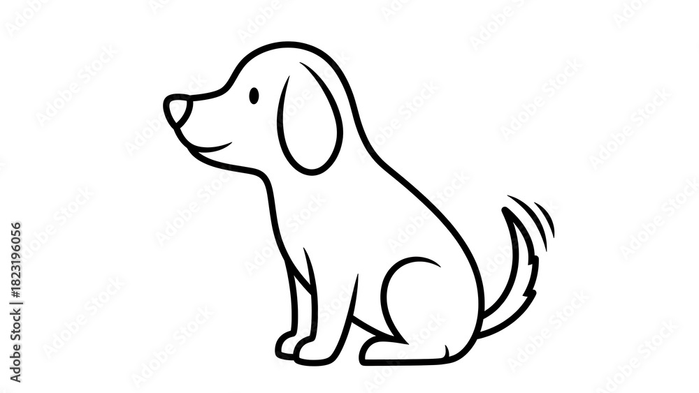 Obraz premium A simple black and white line art illustration of a happy cartoon dog sitting and wagging its tail.