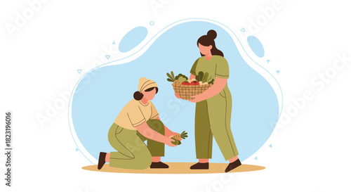 Two women harvesting fresh vegetables from a garden, carrying a basket filled with produce, and working together on a sunny day.