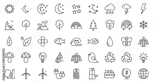 Outline Icons Set Representing Nature Environment and Renewable Energy Sources