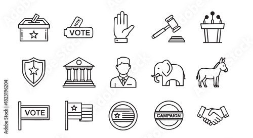 Political Election Icons with Vote Symbols and Government Building Outline