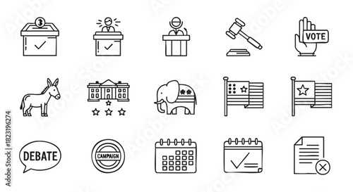Political Icons Representing American Elections and Democratic Principles in Outline Style
