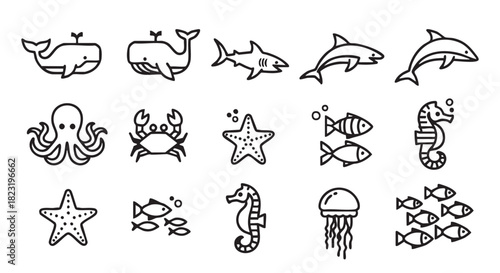 Sea Creatures Icon Set with Whale Octopus Crab Starfish and Fish
