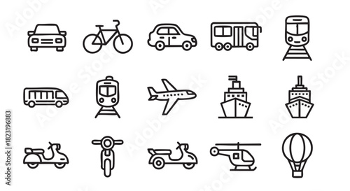 Seamless pattern of various transportation icons including cars bikes and trains