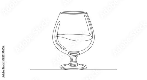 Elegant snifter glass depicted in a minimalist continuous single line art style, a simple drawing of an alcoholic beverage
