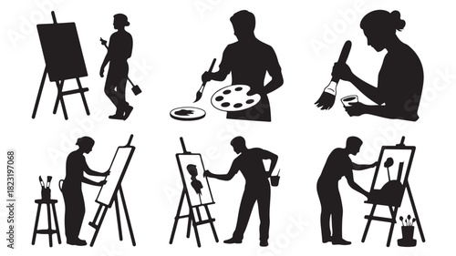 Silhouette set of artists painting on canvas creative hobby vector illustration isolated on white background