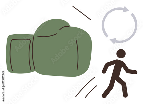 Stick figure running away from oversized boxing glove. Circular arrows indicate recurring struggle. Ideal for resilience, challenges, work stress, perseverance, overcoming obstacles, conflict
