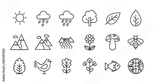 Simple minimalist vector nature icon set featuring sunshine rain mountains