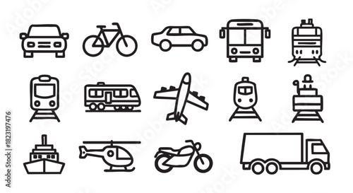 Transportation Icons Set Includes Car Bicycle Train Boat and Helicopter