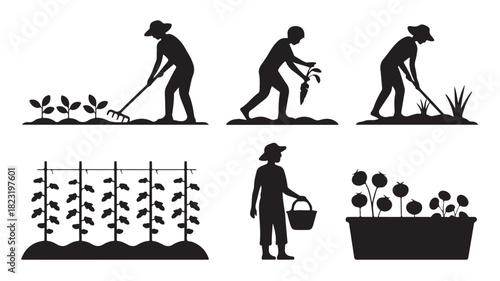 Silhouettes of people gardening planting and harvesting vegetables vector illustration isolated on white background
