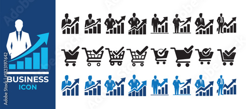 Business and shopping icon set. Corporate growth, analytics, cart symbols collection. Vector illustration eps 10