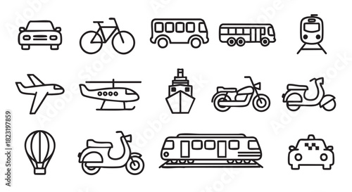 Vector transportation icons set including car bicycle plane and helicopter designs