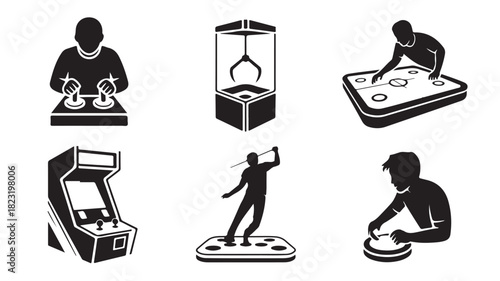 Set of arcade game icons simple flat vector design elements for entertainment and recreation isolated on white background