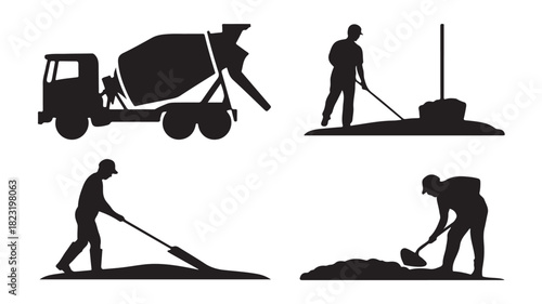Construction worker silhouette vector set featuring cement mixer and manual labor for construction site safety posters and infographics
