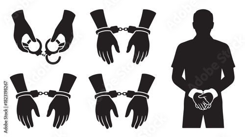 Set of hands in handcuffs vector illustrations representing crime and arrest isolated on a white background