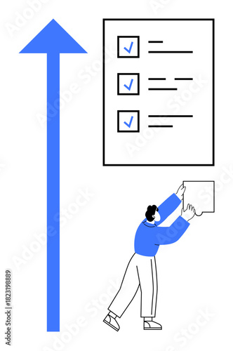 Task management concept. Image highlights task progression with checklist, upward arrow, and active participation. Task management for productivity, organization, workflow, goals, and project