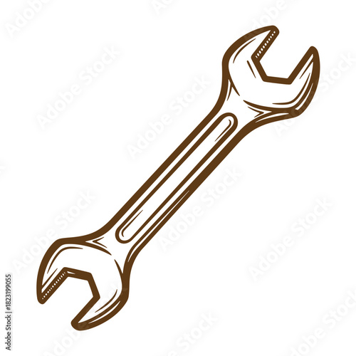 Brown hand drawn sketch vintage spanner tool illustration on a white background