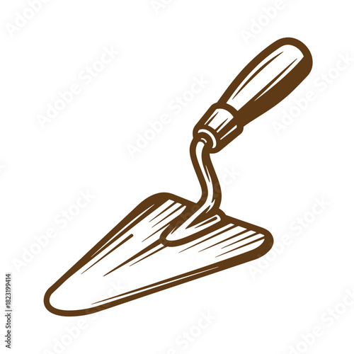 Brown sketch vintage trowel tool isolated on white for construction and building purposes