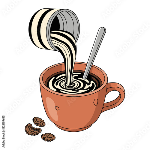 A stylized illustration depicts creamy milk being poured from a can into a warm cup of coffee, complete with a spoon and scattered beans, perfect for beverage-related designs.