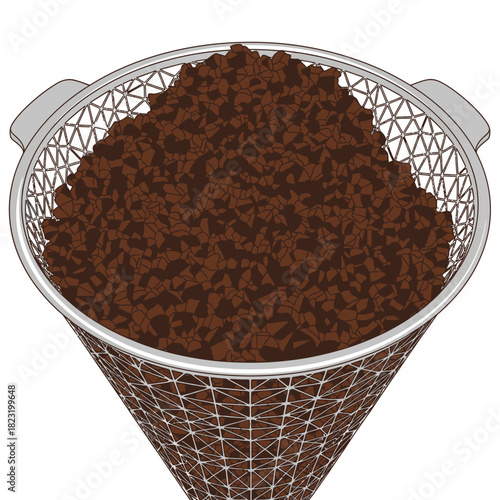 An intricate illustration depicts a reusable metal mesh coffee filter brimming with dark, freshly ground coffee, poised for brewing a delightful morning beverage.