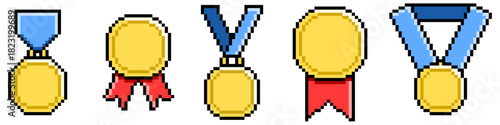 Set Pixel Medallion Different Style Vector Ideal for graphics related to gaming, awards, and rank in a simple, retro 8-bit aesthetic. Symbolizes merit, honor, achievement, and recognition.