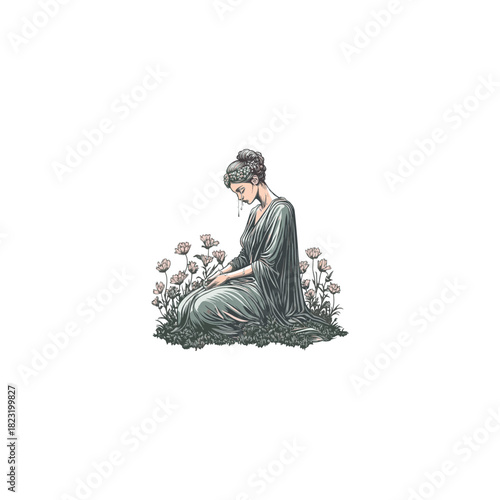 vintage engraving illustration of a woman in a classical or mythological style, dressed in flowing robes and kneeling amongst delicate flowers