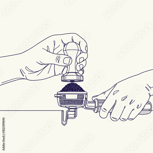 A minimalist line art illustration depicts hands expertly tamping freshly ground coffee into a portafilter, showcasing the precise process of espresso preparation.