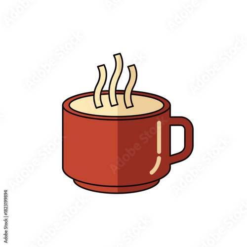 An inviting flat-design illustration of a steaming hot beverage in a classic red mug, evoking warmth and comfort on a chilly day.