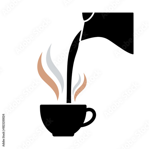 A stylized illustration depicts a dark beverage, likely coffee, being poured from a pitcher into a steaming cup, symbolizing warmth and a refreshing break.