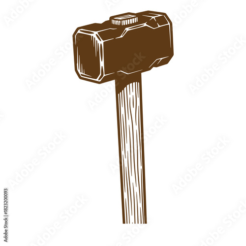 Brown wooden sledgehammer illustration in sketch style with white outlines on isolated background
