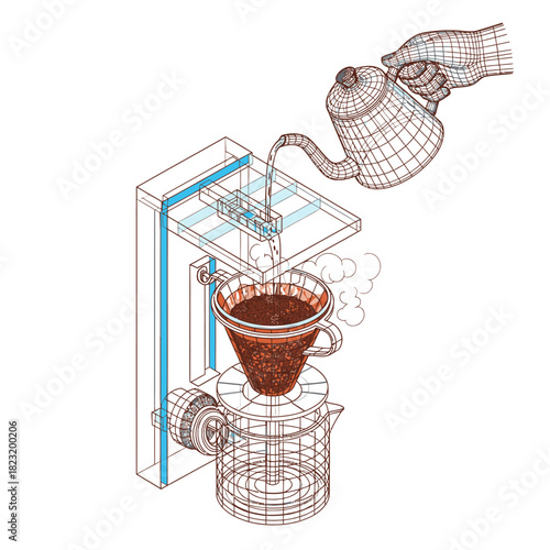 An intricate wireframe illustration details the precise pour-over coffee brewing method, showcasing the elegant process of crafting a perfect cup with artisanal care.