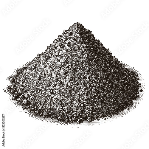 An intricately detailed illustration depicts a substantial pile of dark, granular material, resembling earth or soil, rendered with a classic engraving style on a clean white background.