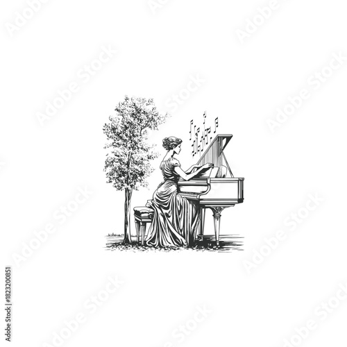 vintage engraving illustration of an elegant woman in a flowing dress playing a grand piano outdoors, next to a detailed tree, with musical notes floating in the air