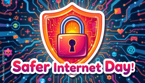 Safer internet day cyber security padlock shield digital network colorful bright cheerful awareness protection