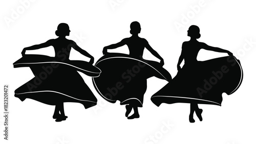 Three dancing women silhouettes isolated on white background, Vector
