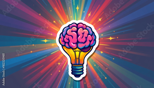 Brain lightbulb idea creativity innovation colorful glowing sticker style illustration with radiant beams and sparkles