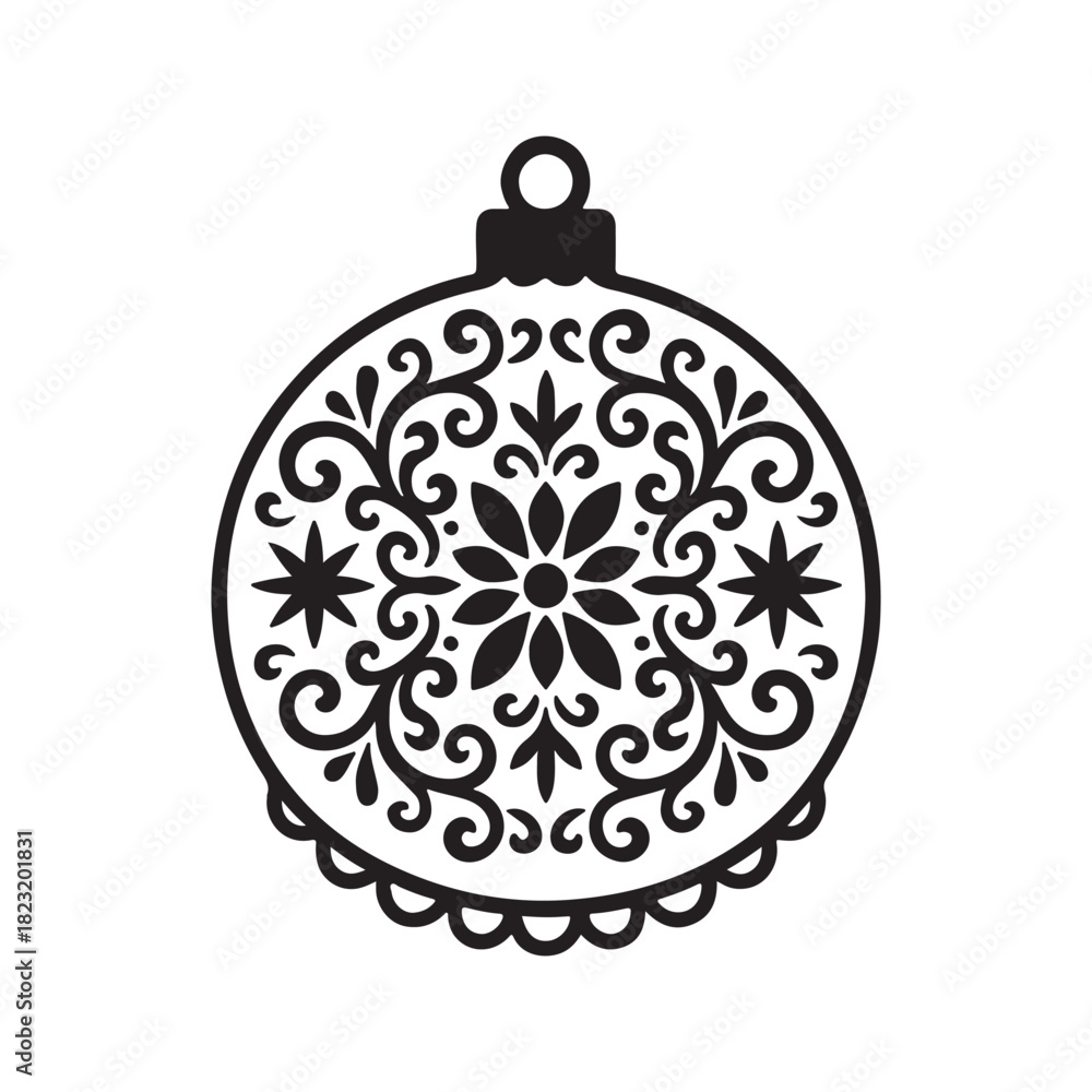 Fototapeta premium Elegant black and white Christmas ornament illustration featuring intricate swirling patterns and a beautiful central floral design, perfect for festive holiday projects and seasonal celebrations