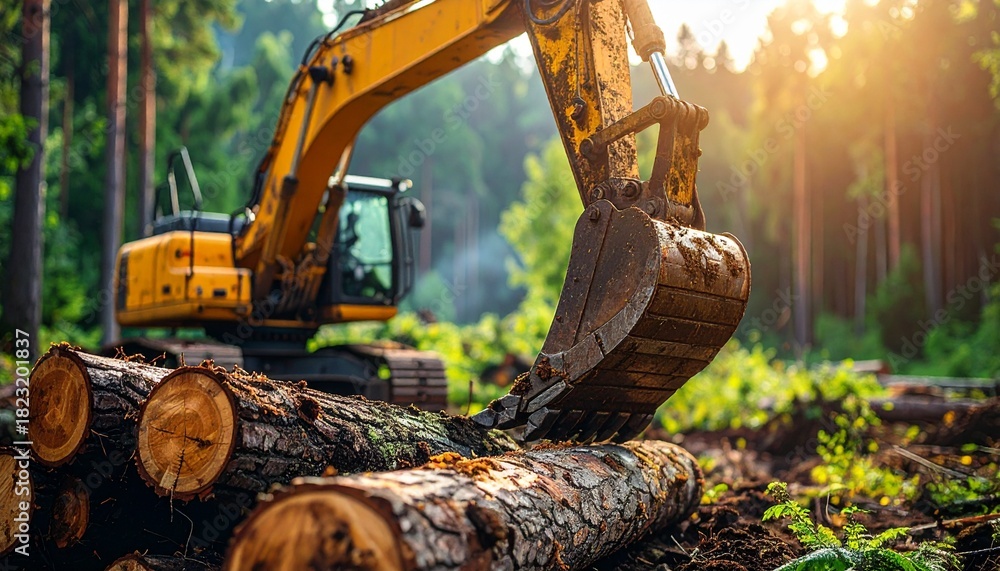 Fototapeta premium Logging Excavator Loading Logs in Golden Sunlight