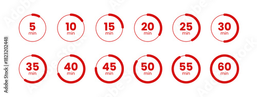 Red Circular Timer Icon Set for 5, 10, 15, 20, 25, 30, 35, 40, 45, 50, 55, and 60 Minutes – Minimalist Countdown Progress Illustration